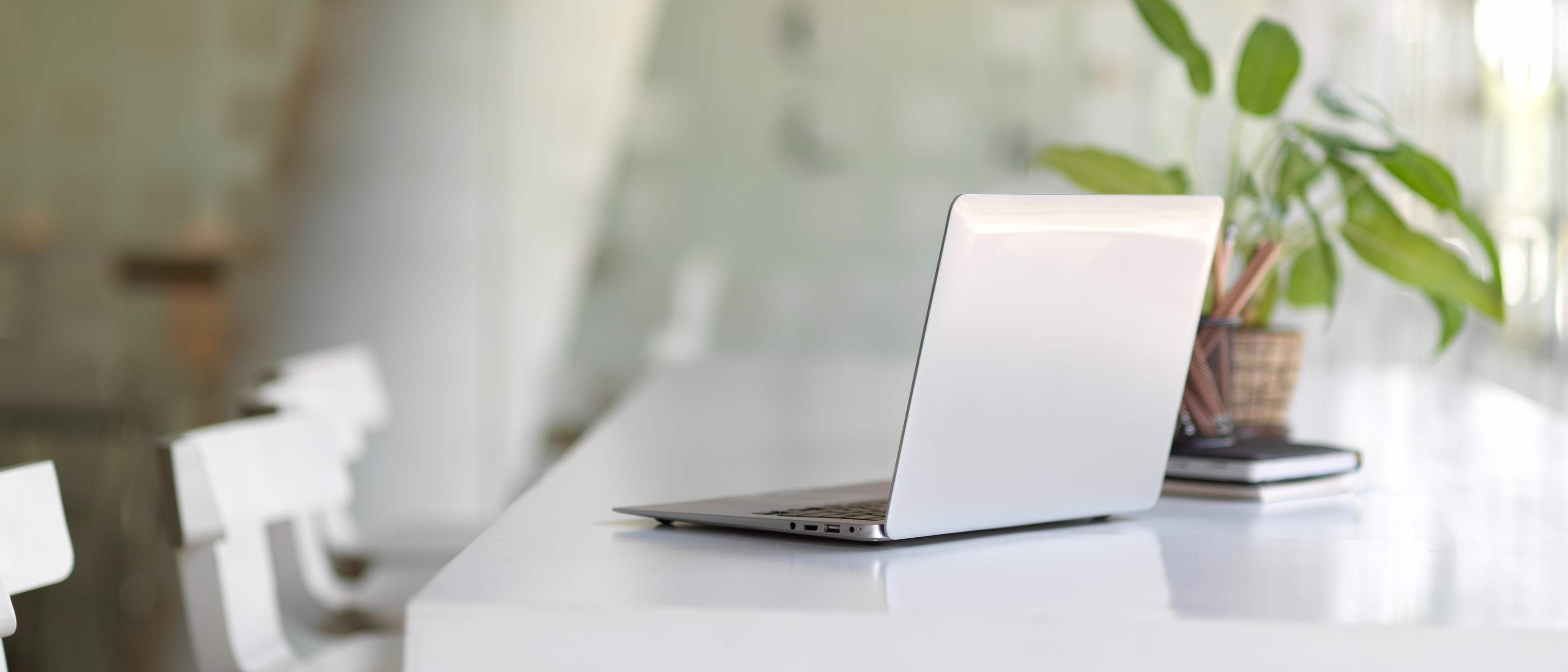 Portable workspace with laptop, plant pot and stationery in co-working space